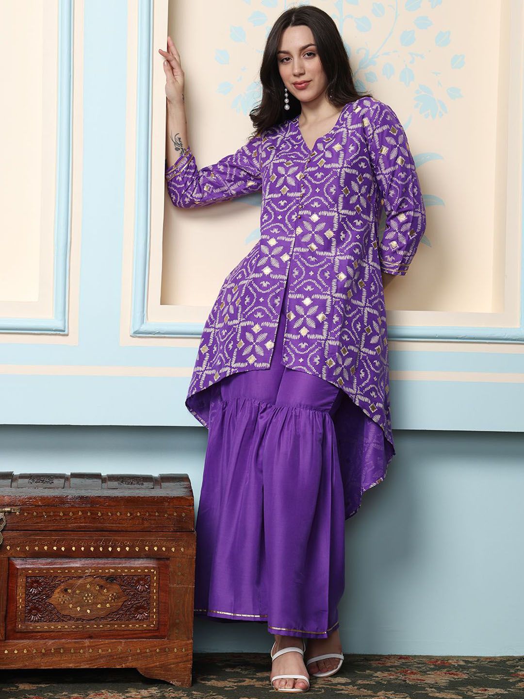 Rich Purple Cotton Geometric Printed A-Line Kurta Set with Sharara Bottom