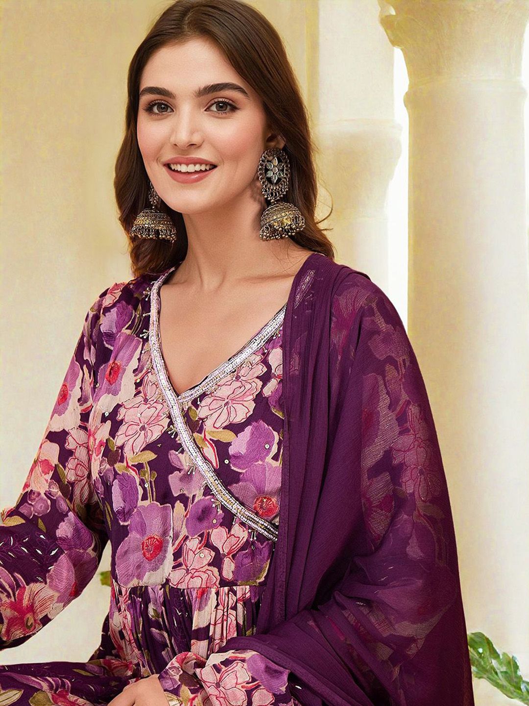 Ishin Women Purple Chinon 3Pcs Kurta Set