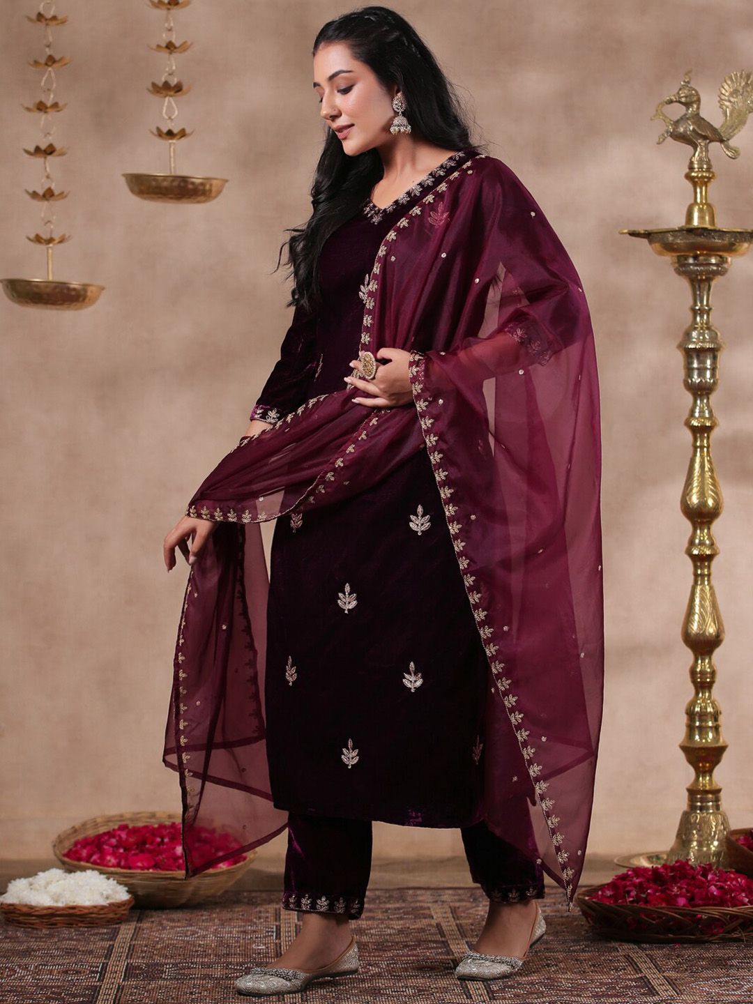 Rich Purple Velvet Zari Embroidered Kurta Set with Sheer Voile Butta Dupatta