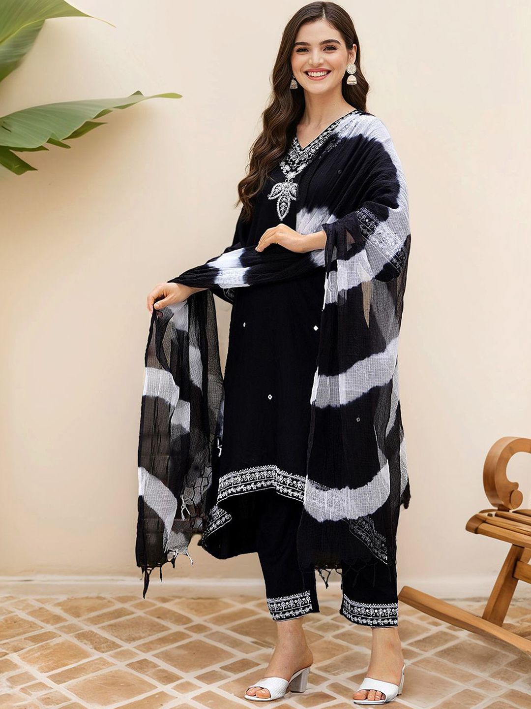 Delicate Black  Zari Embroidered A-Line Kurta Set with Straight Bottom & Sheer Chiffon Leheriya Dyed Dupatta