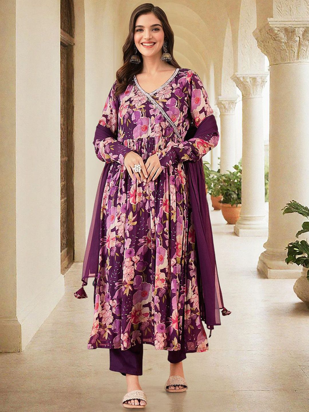 Soft Purple Chinon Sequinned Printed Angrakha Kurta Set With Straight Bottom & Solid Dupatta