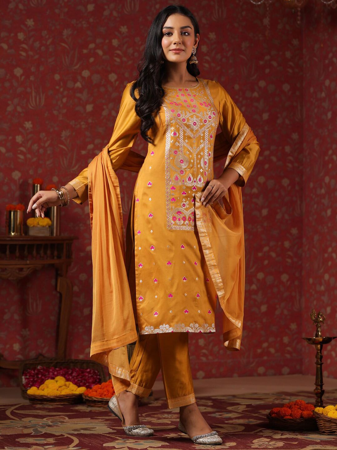 Rich Mustard Poly Silk Foil Printed Kurta Set with Straight Bottom and Sheer Voile Dupatta