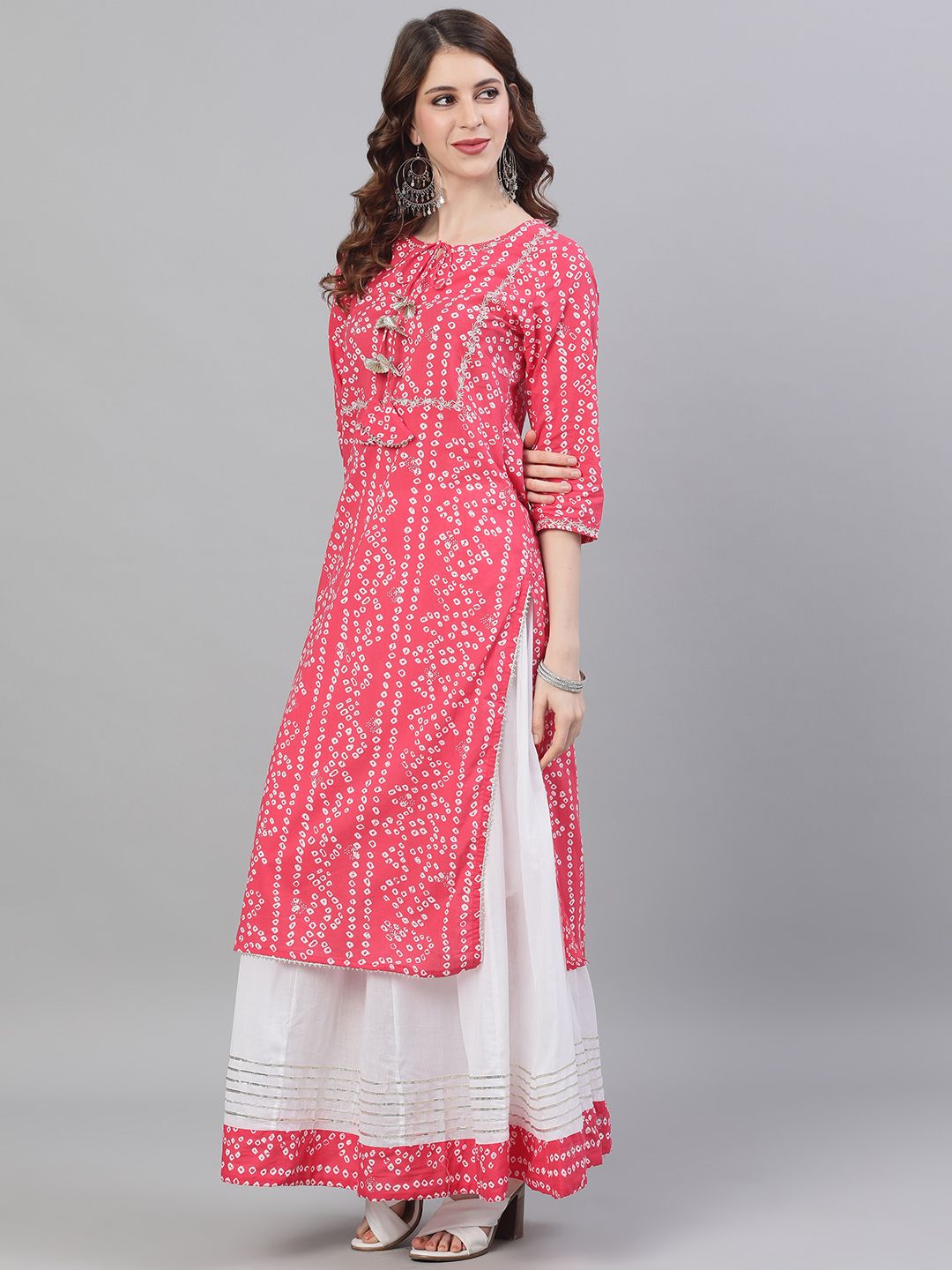 Comfy Pink Cotton Bandhani Printed Kurta Set with Flared Skirt