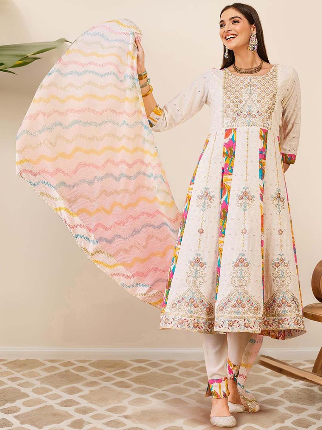 Soft Cotton Blend White Zari Embroidered A-Line Kurta Set with Straight Bottom And Sheer Net Printed Dupatta