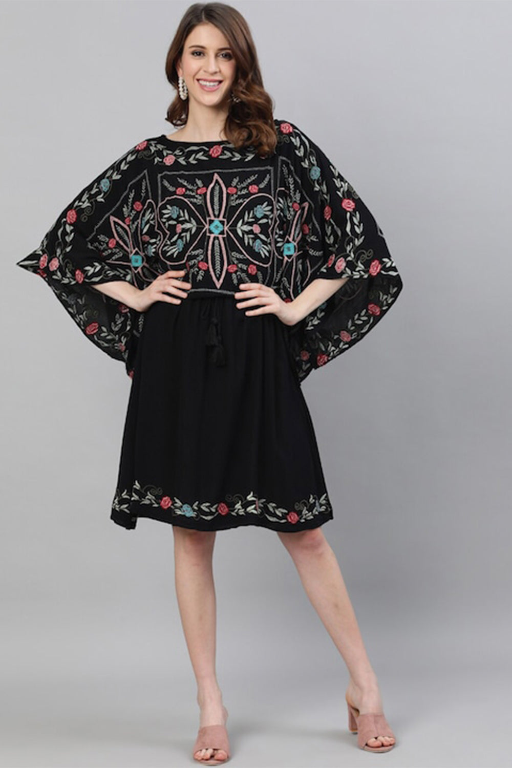 Ishin Black Ethnic Motifs Embroidered Kaftan Dress