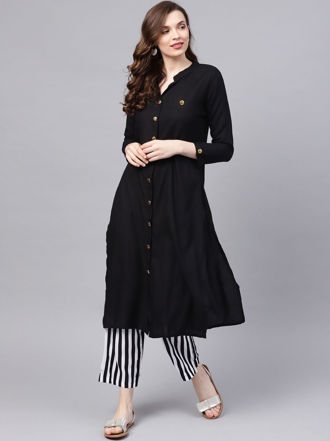 Comfy Black Rayon Solid Kurta Set with Straight Bottom and Mock Button Detailing