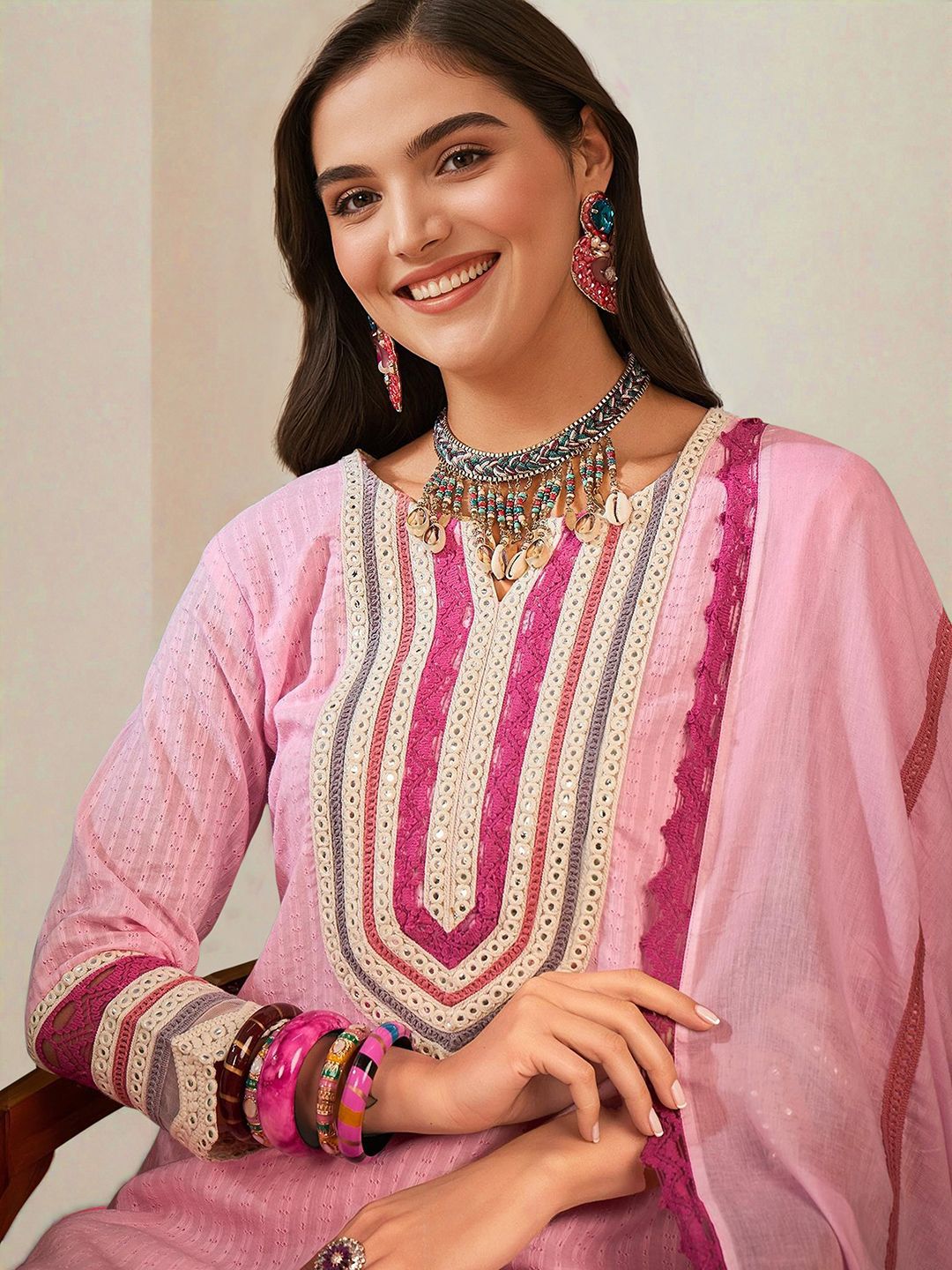 Rich Pink Cotton Embroidered A-Line Kurta Set With Straight Bottom & Laced Cotton Dupatta