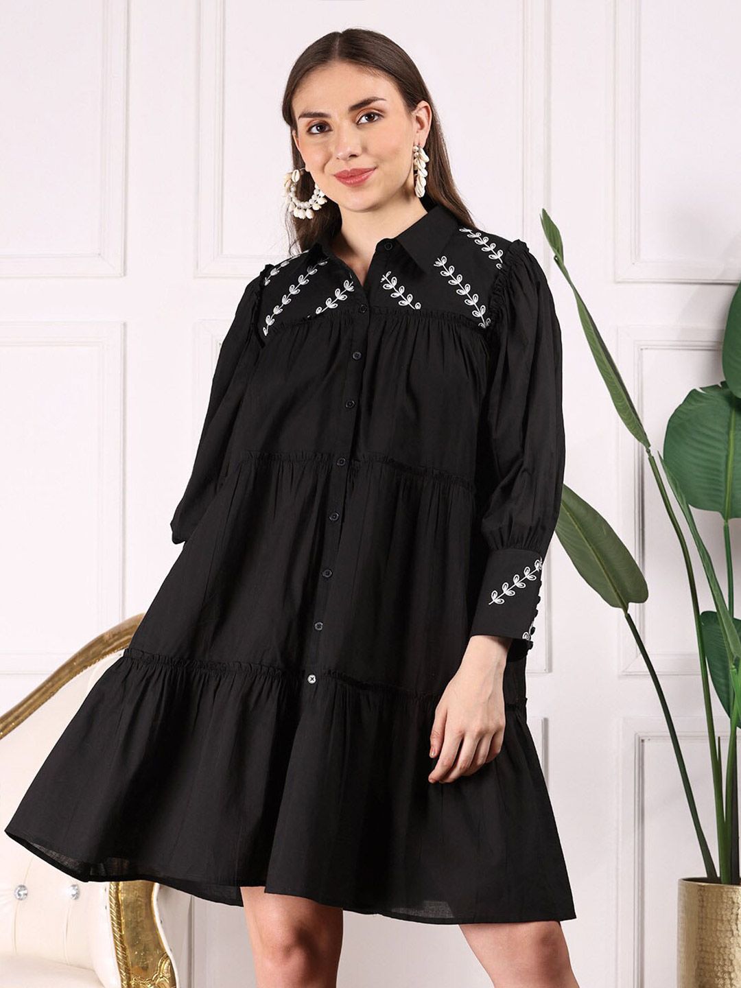 Summery Black Cotton Floral Embroidered Tiered Dress