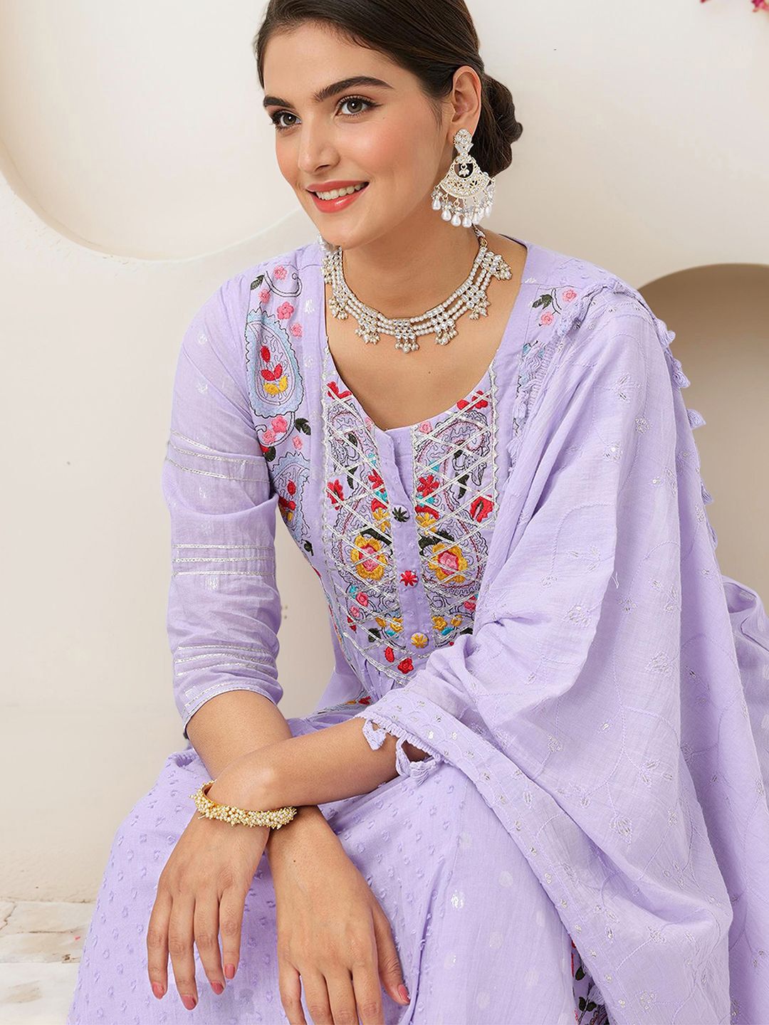 Graceful Pure Cotton Lavender Floral Embroidered  Anarkali Kurta Set with Straight Bottom and Soft Cotton Dupatta