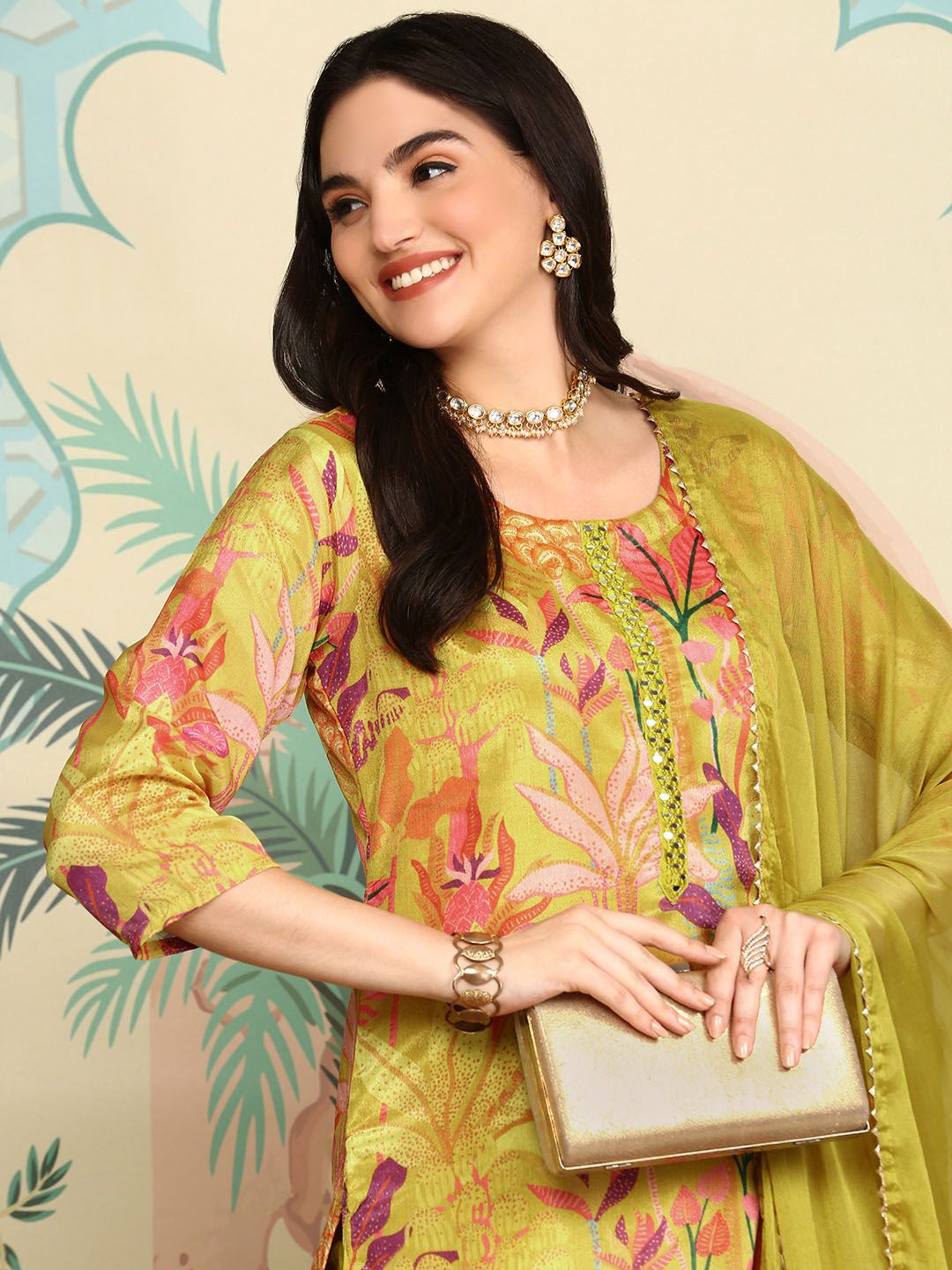 Soft Yellow Floral Printed Kurta Set with Straight Bottom and Sheer Dupatta