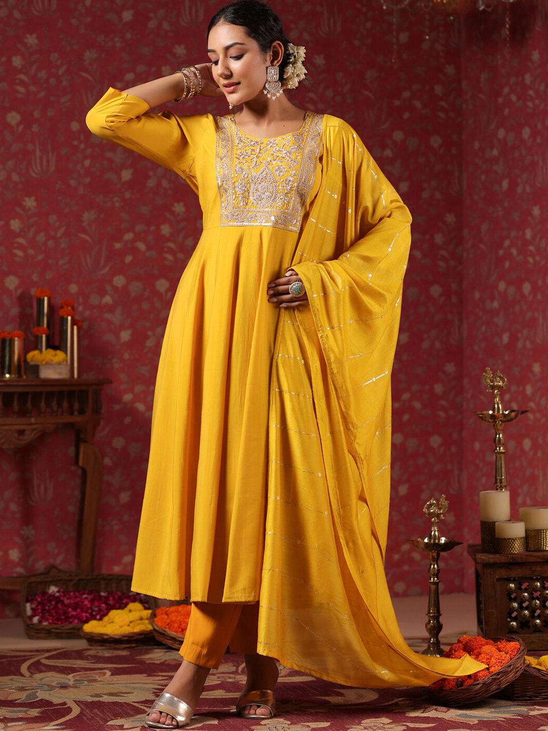 Rich Mustard Poly Silk Embroidered Anarkali Kurta with Straight Bottom and Sheer Voile Dupatta