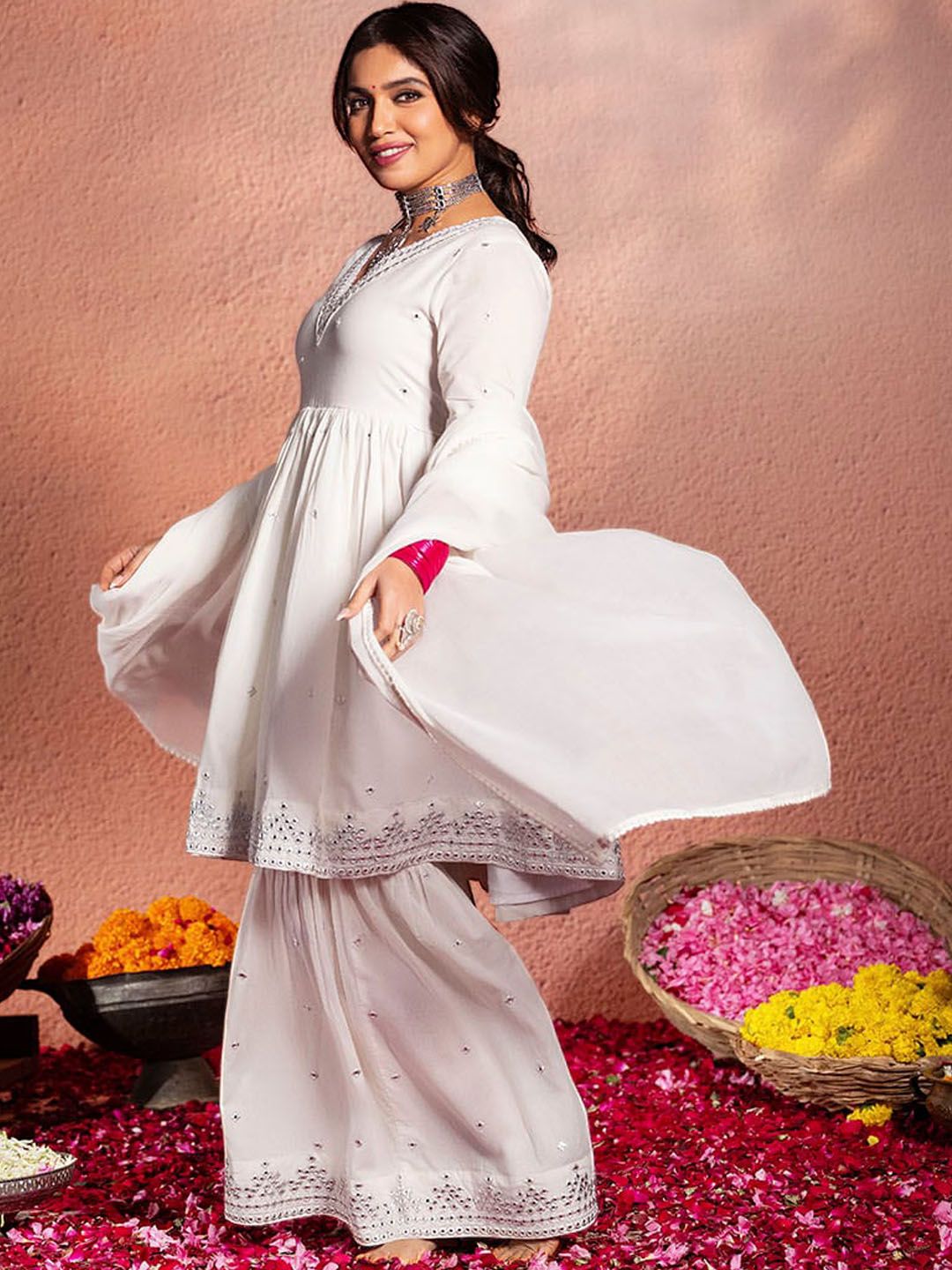 Rich White Cotton Mirror Embroidered A-Line Kurta Set with Sharara Bottom and Pure Cotton Dupatta