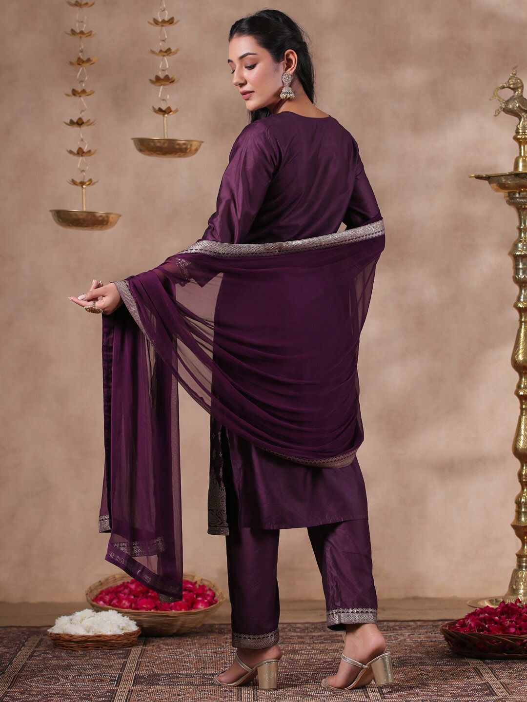 Rich Purple Poly Silk Woven Ethnic Motif Kurta Set with Straight Bottom and Sheer Voile Dupatta