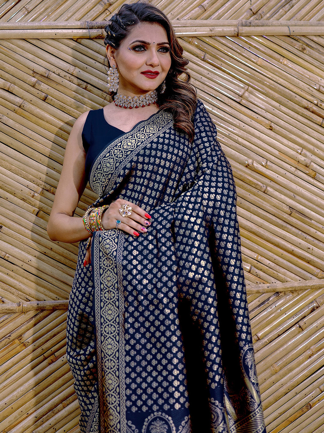 Karagiri Navy Blue Banarasi Silk Saree With Blouse Piece