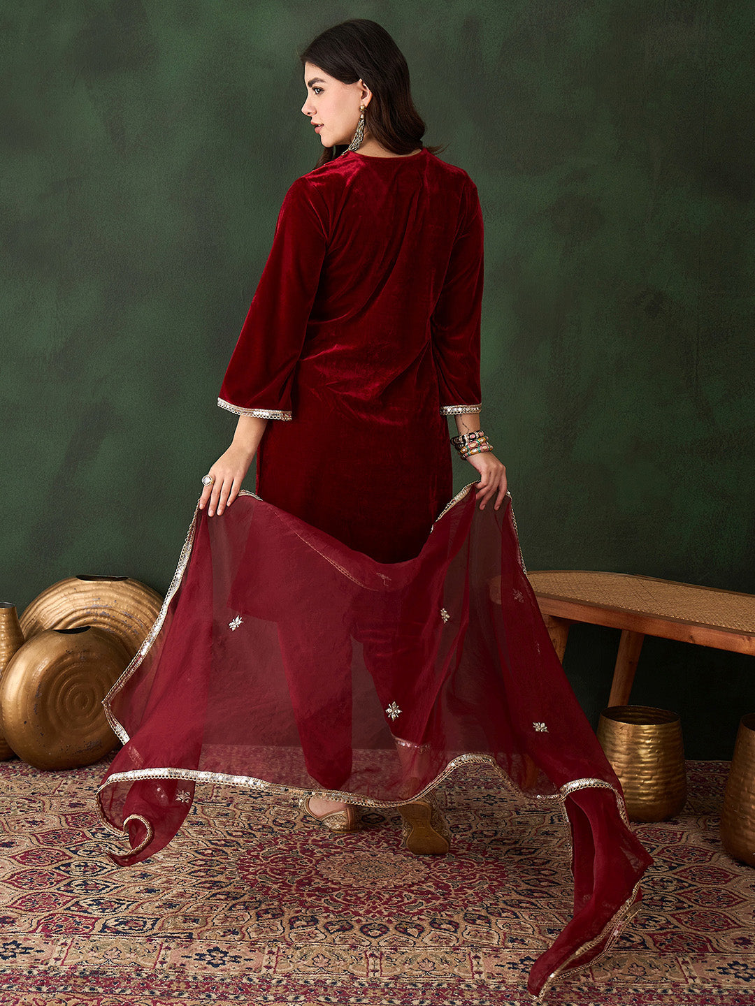 Rich Maroon Velvet Embroidered Straight Kurta Set With Palazzo Bottom And Dupatta