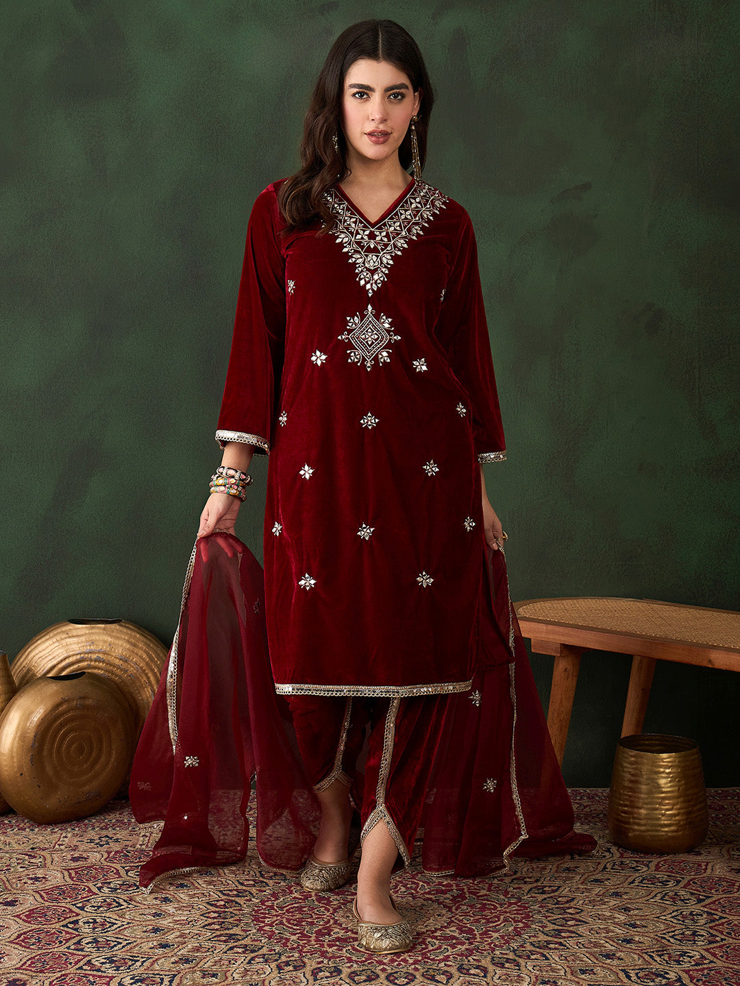 Rich Maroon Velvet Embroidered Straight Kurta Set With Palazzo Bottom And Dupatta