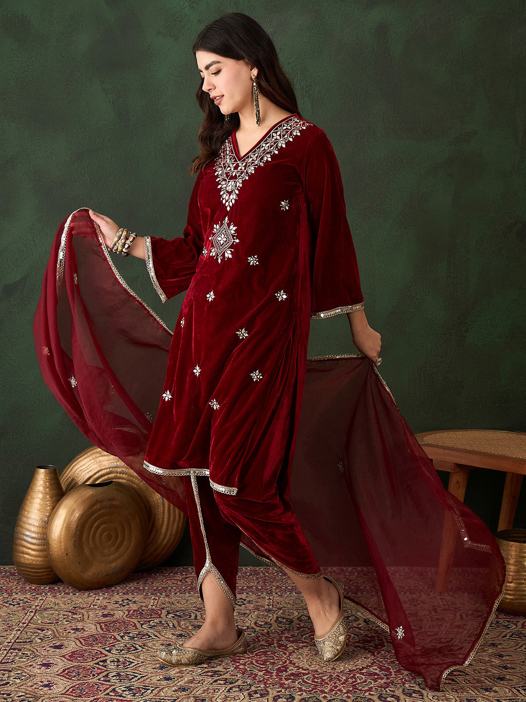 Rich Maroon Velvet Embroidered Straight Kurta Set With Palazzo Bottom And Dupatta