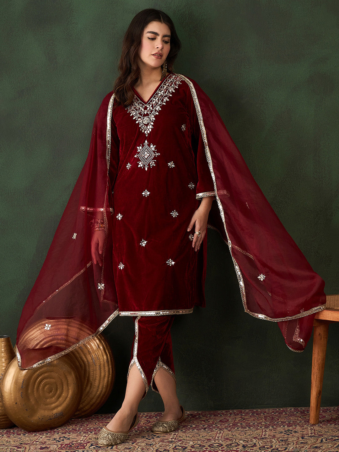 Rich Maroon Velvet Embroidered Straight Kurta Set With Palazzo Bottom And Dupatta