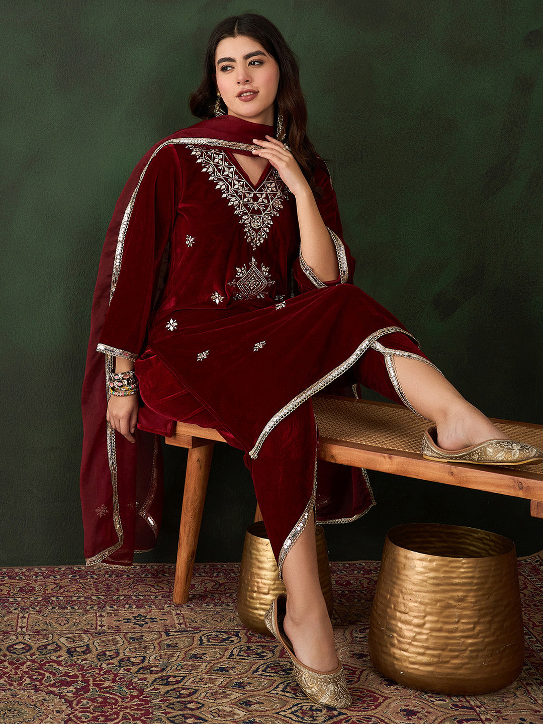 Rich Maroon Velvet Embroidered Straight Kurta Set With Palazzo Bottom And Dupatta