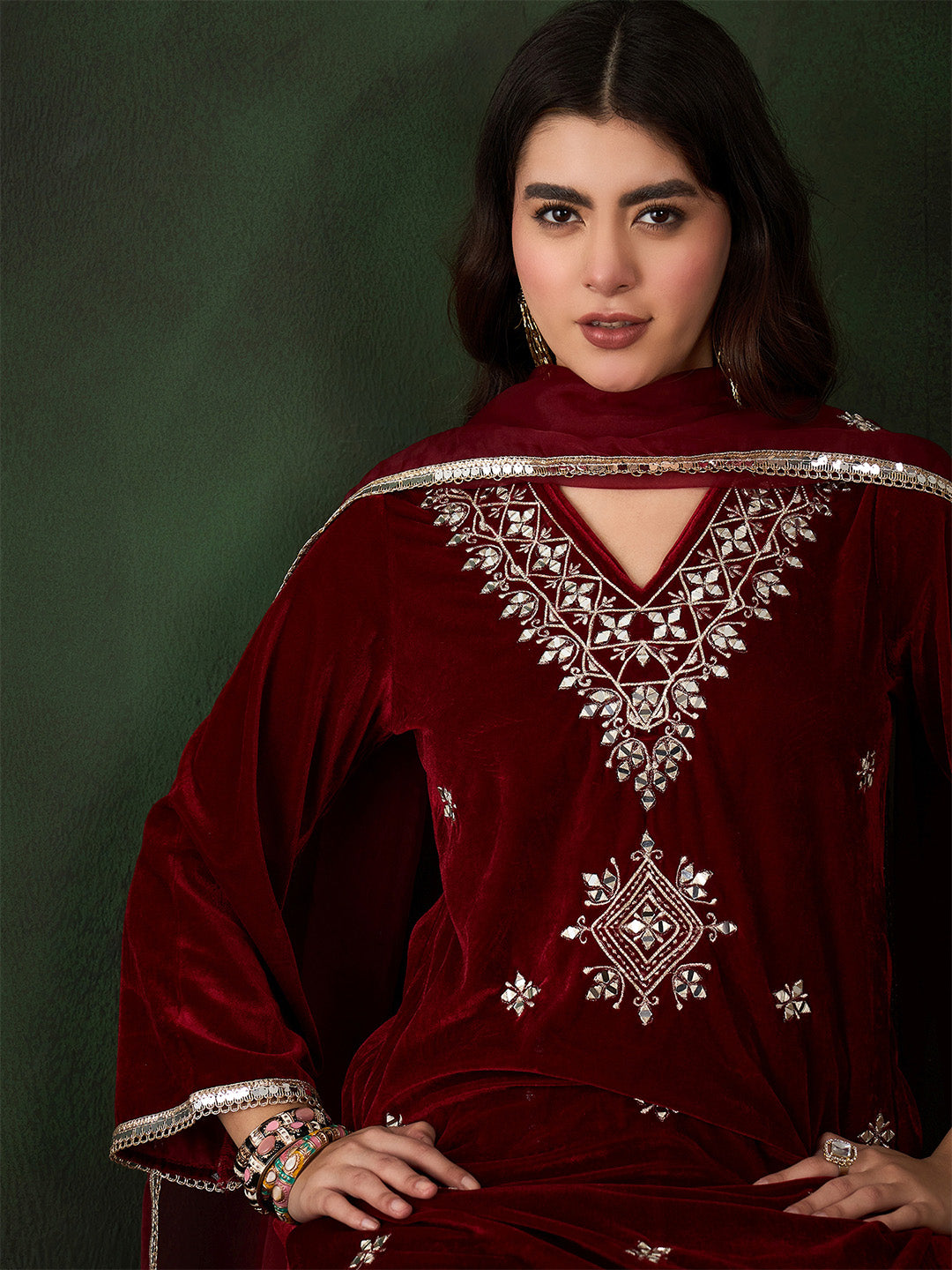 Rich Maroon Velvet Embroidered Straight Kurta Set With Palazzo Bottom And Dupatta