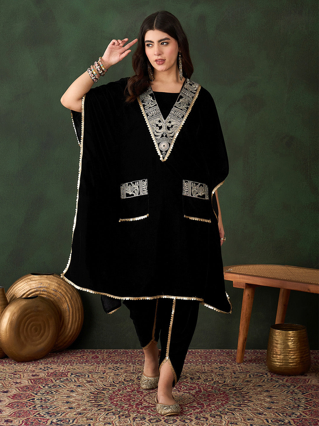 Rich Black Velvet Embroidered Straight Kurta Set With Palazzo Bottom And Dupatta