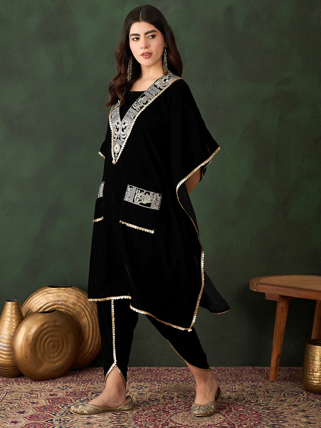 Rich Black Velvet Embroidered Straight Kurta Set With Palazzo Bottom And Dupatta