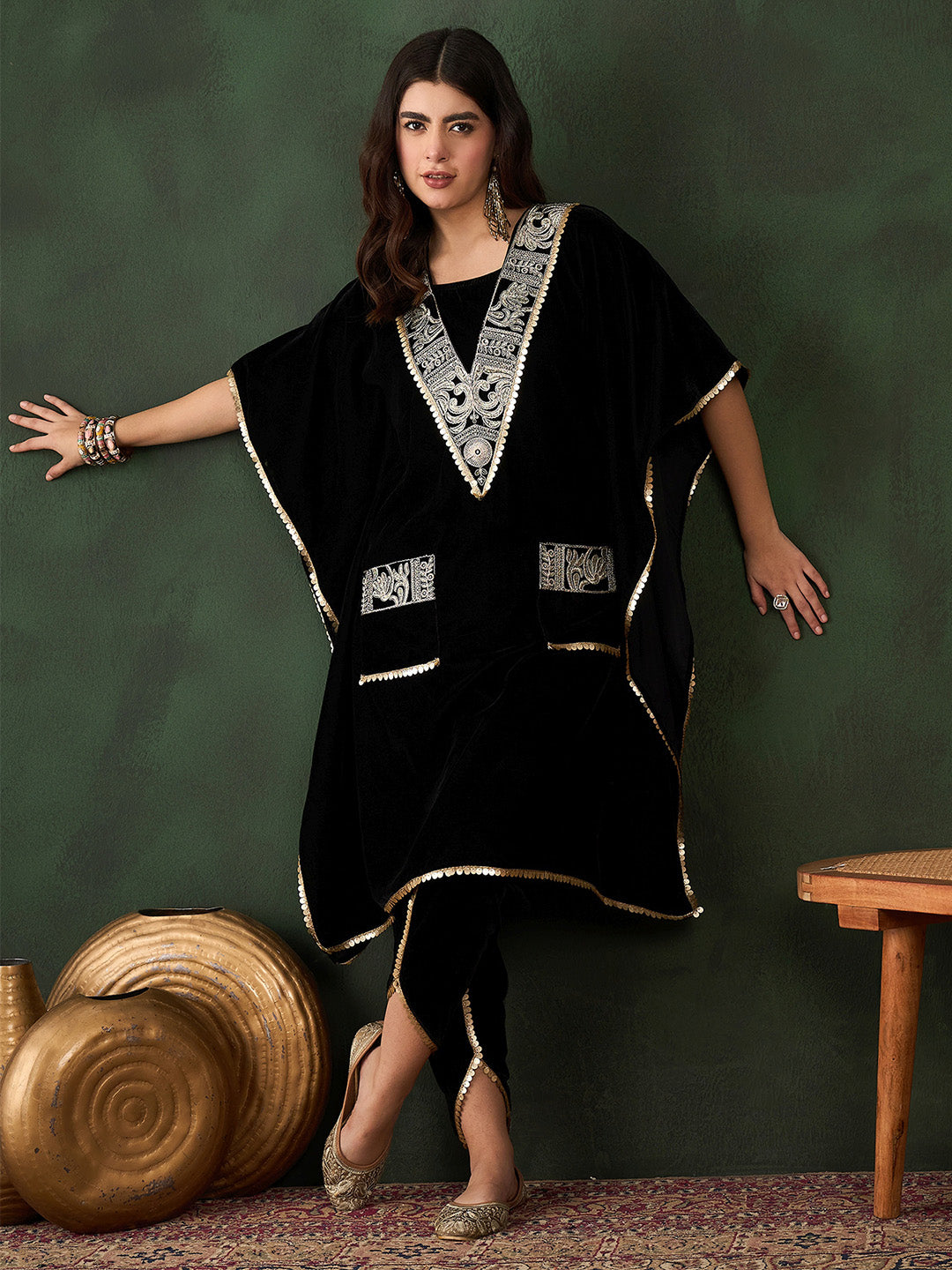 Rich Black Velvet Embroidered Straight Kurta Set With Palazzo Bottom And Dupatta