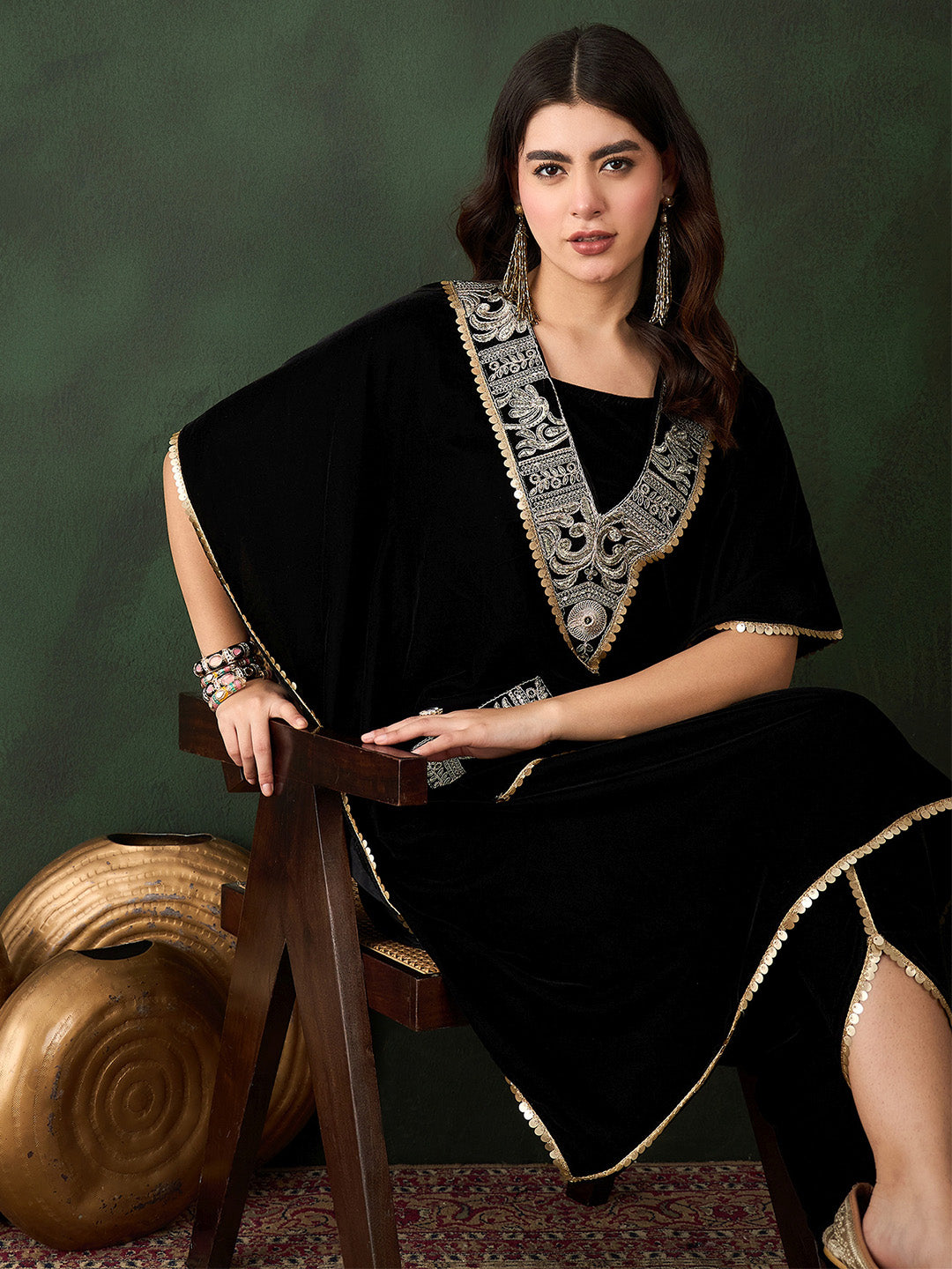 Rich Black Velvet Embroidered Straight Kurta Set With Palazzo Bottom And Dupatta