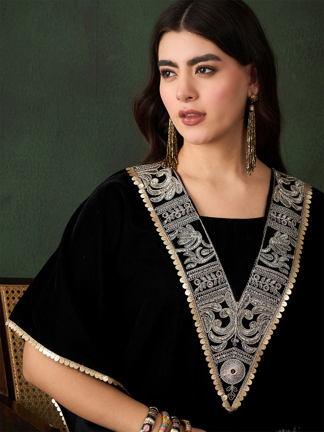 Rich Black Velvet Embroidered Straight Kurta Set With Palazzo Bottom And Dupatta