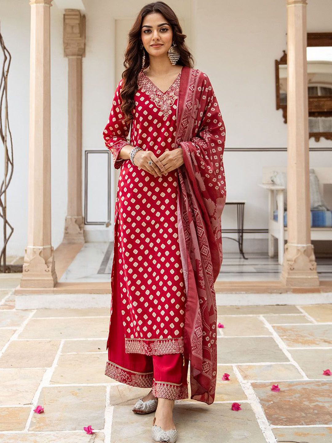 Rich Red Bead Embroidered Straight Fit Kurta Set With Straight Bottom & Soft Printed Dupatta