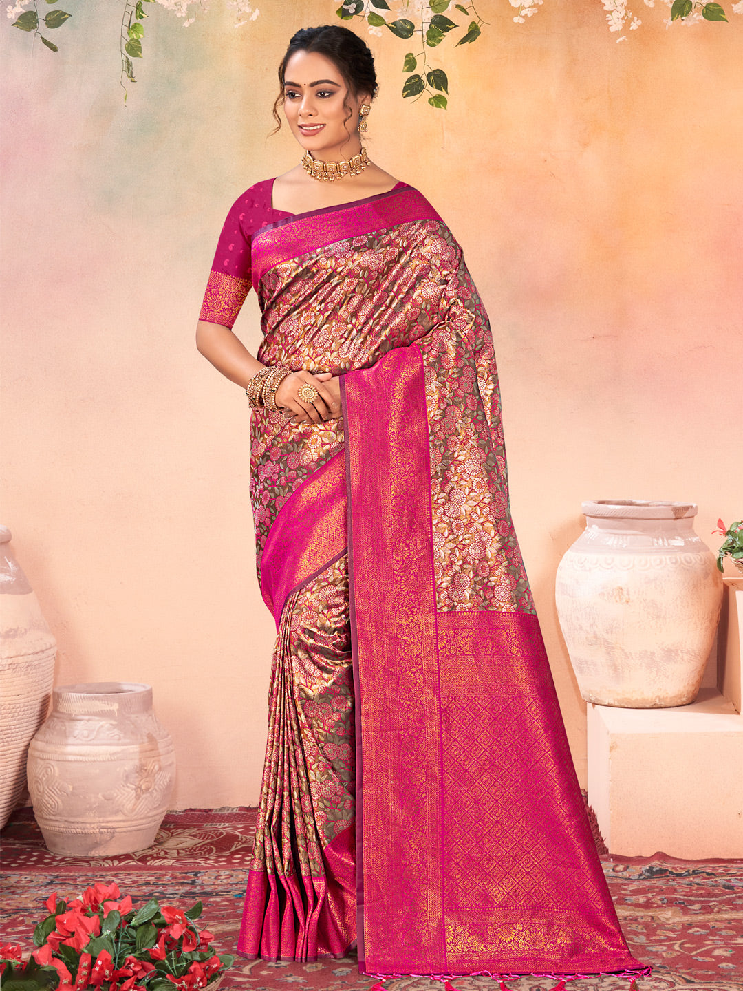 Karagiri Brown Kanjivaram Silk Saree With Blouse Piece