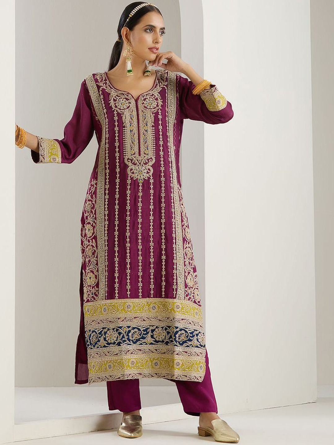 Rich Lavender Chinon Zari Embroidered Kurta Set with Sharara Bottom and Gotta Patti Tassel Dupatta