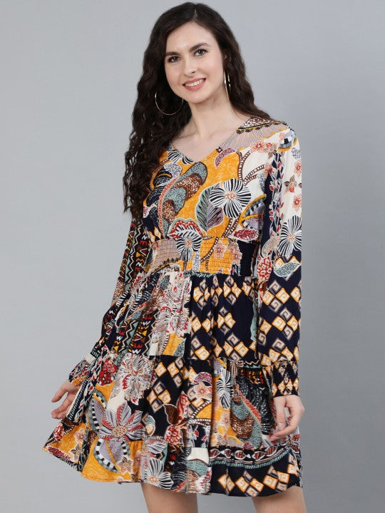 Flowy Rayon Multi-Colored Floral Fit & Flare Dress