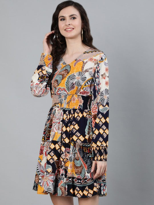 Flowy Rayon Multi-Colored Floral Fit & Flare Dress