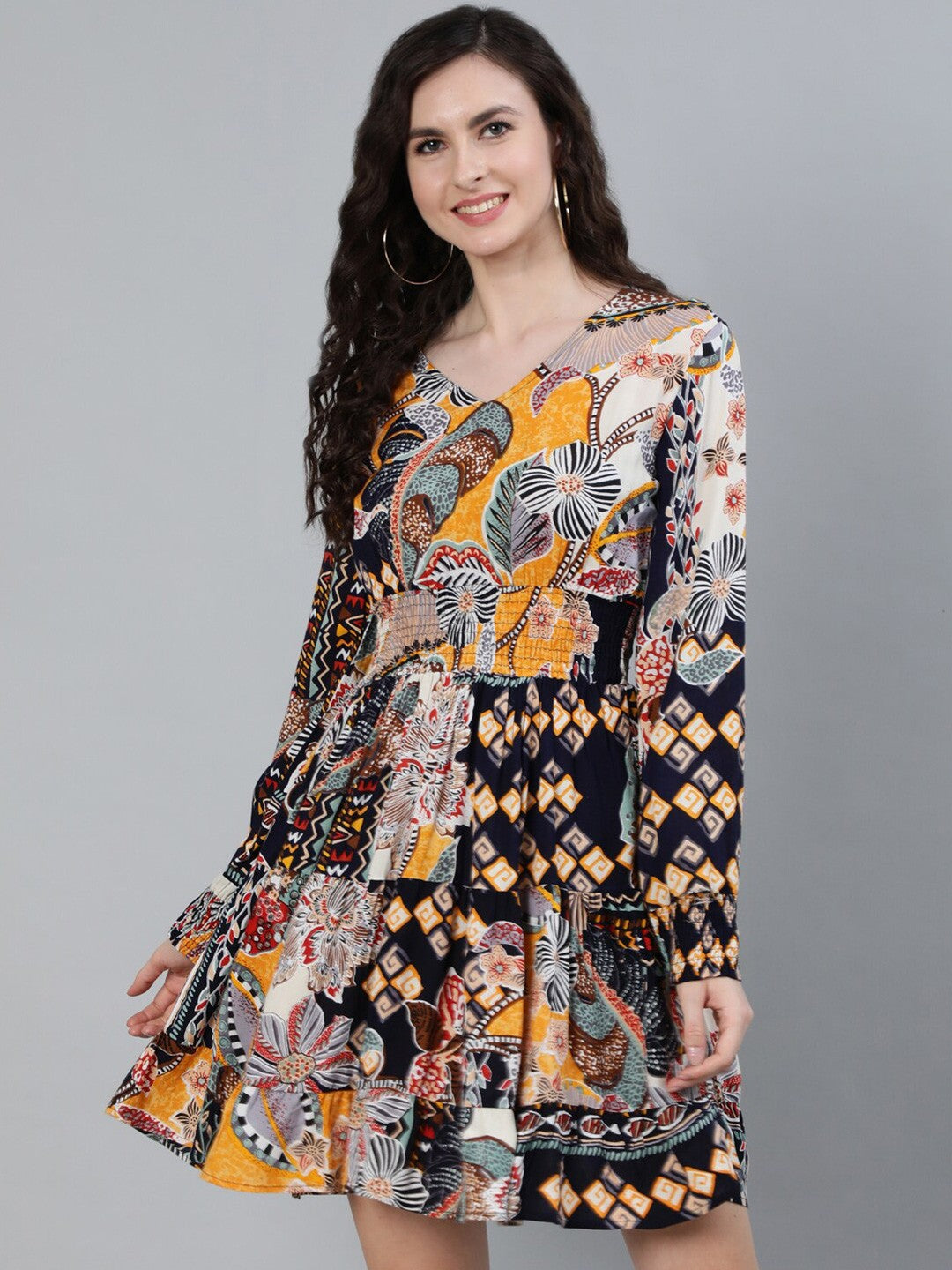 Flowy Rayon Multi-Colored Floral Fit & Flare Dress