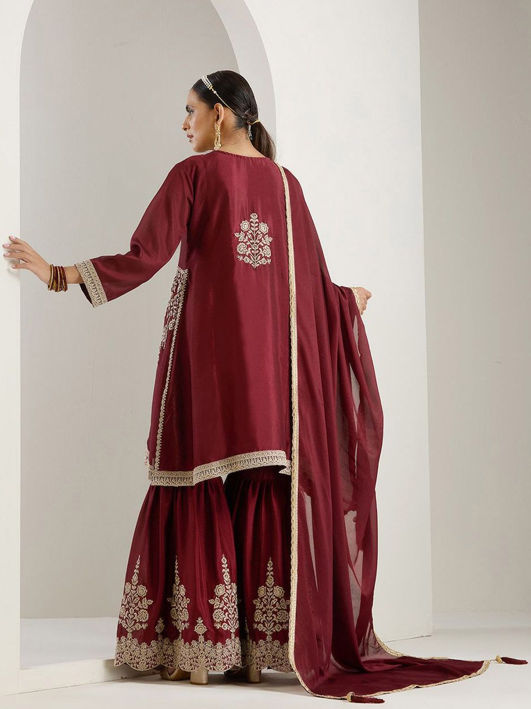 Rich Maroon Chinon Zari Embroidered Kurta Set with Sharara Bottom and Silk Blend Tassel Dupatta