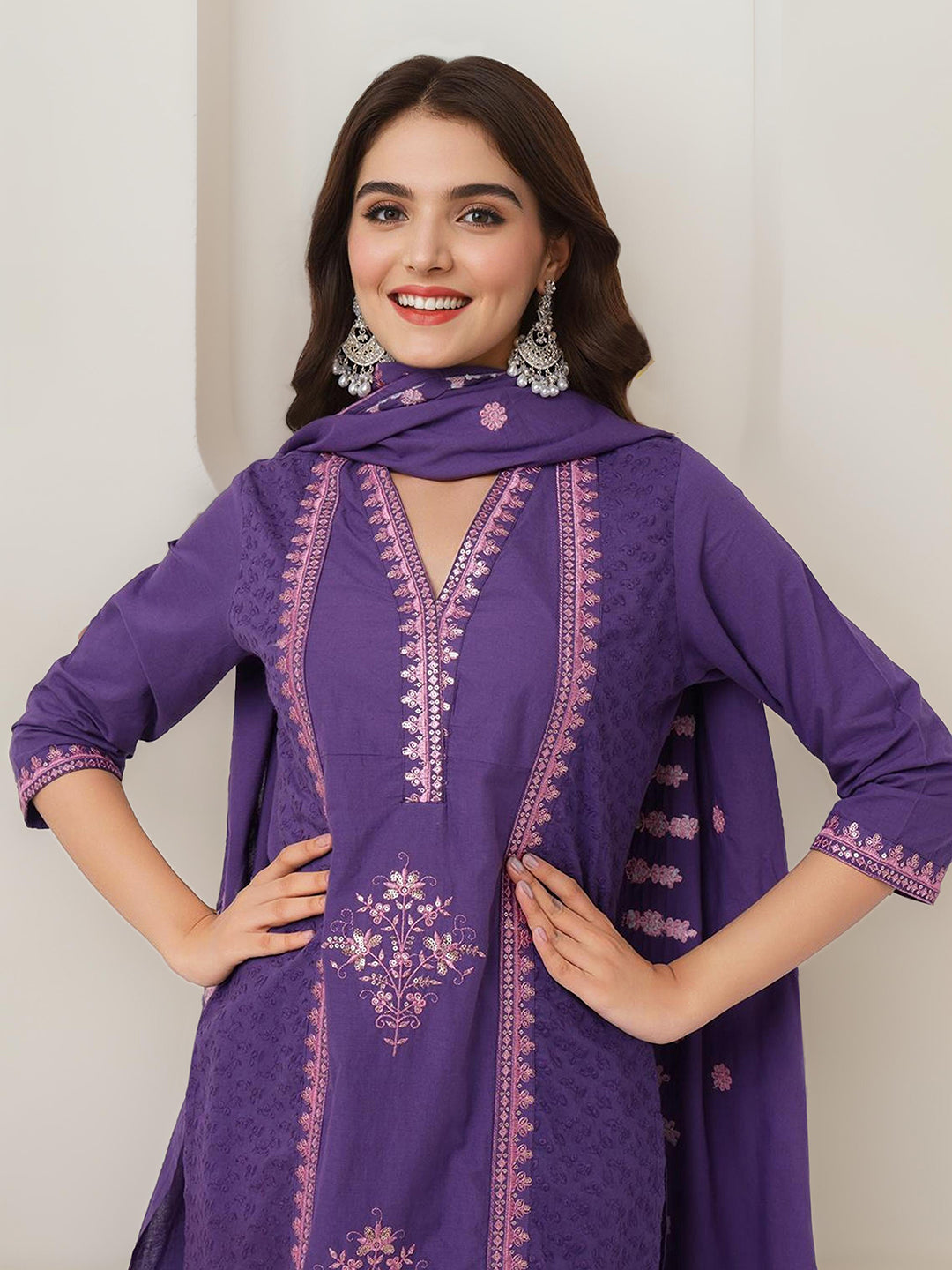 Rich Lilac Pure Cotton Embroidered Kurta Set with Straight Bottom and Sequined Embroidered Dupatta