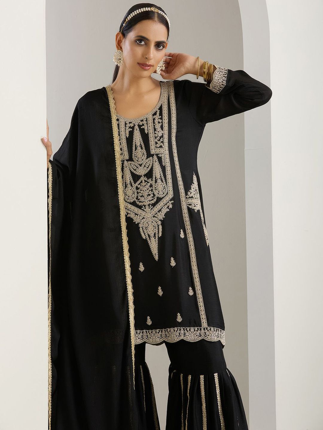 Rich Black Chinon Zari Embroidered Kurta Set with Sharara Bottom and Silk Blend Tassel Dupatta