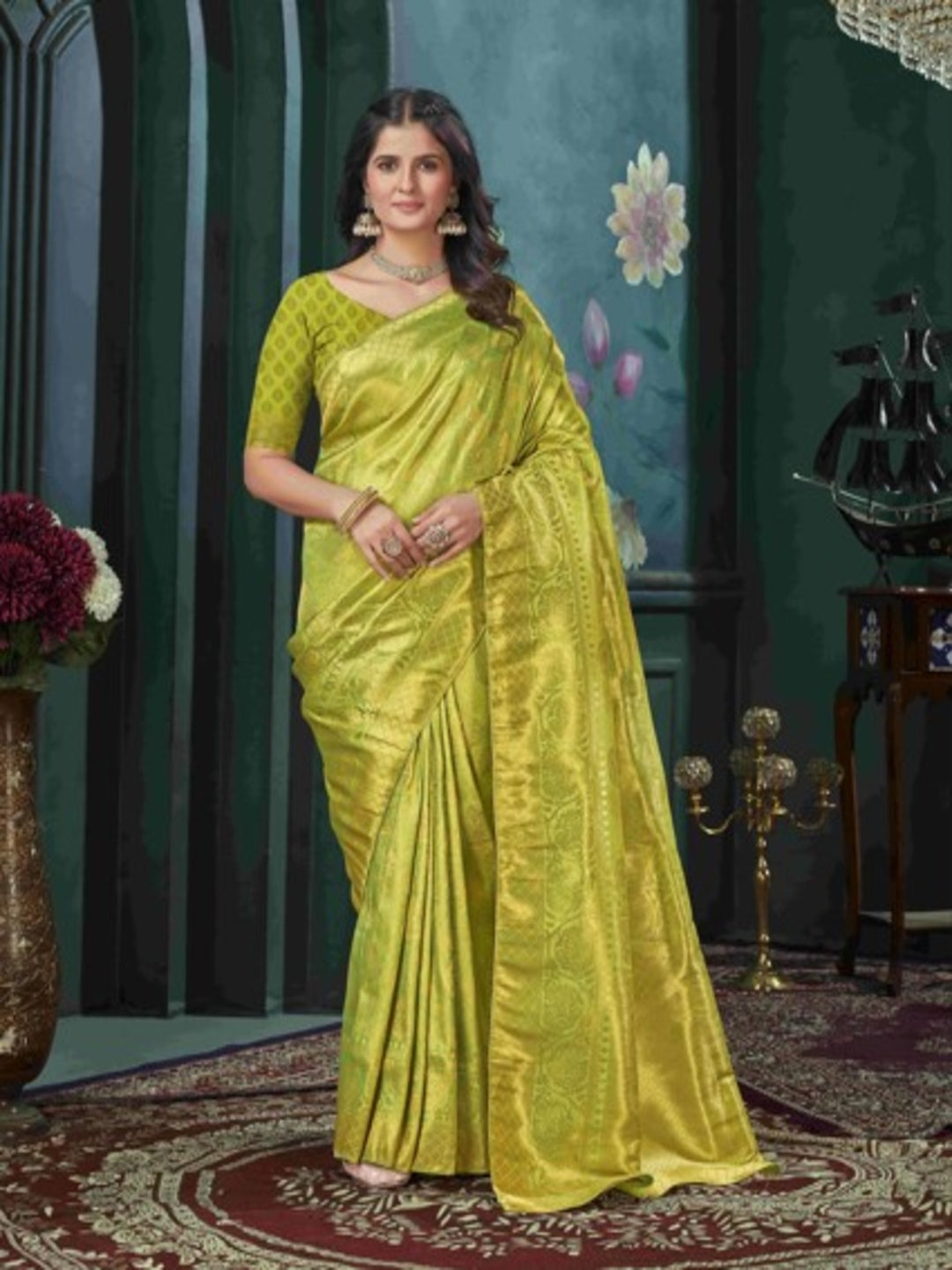 Karagiri Yellow And Green Kanjivaram Saree With Blouse Piece