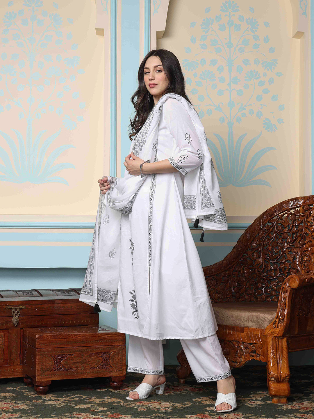 Cotton Block Printed Kurta with Neck Tie-Up, Solid Pants and Soft Mulmul Dupatta