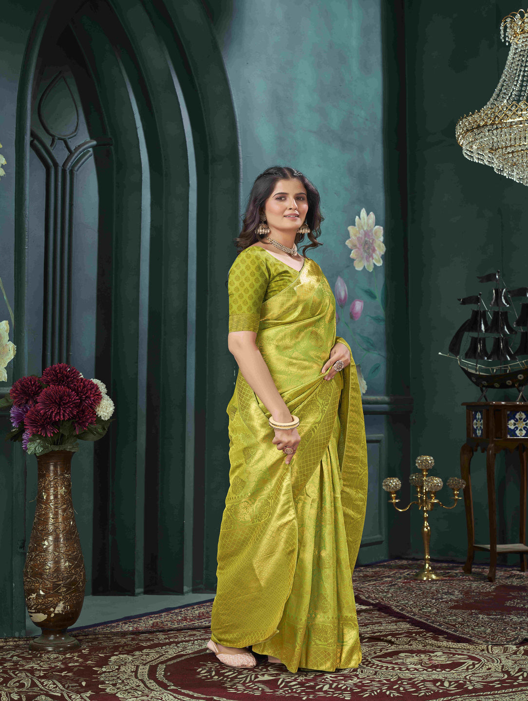 Karagiri Yellow And Green Kanjivaram Saree With Blouse Piece