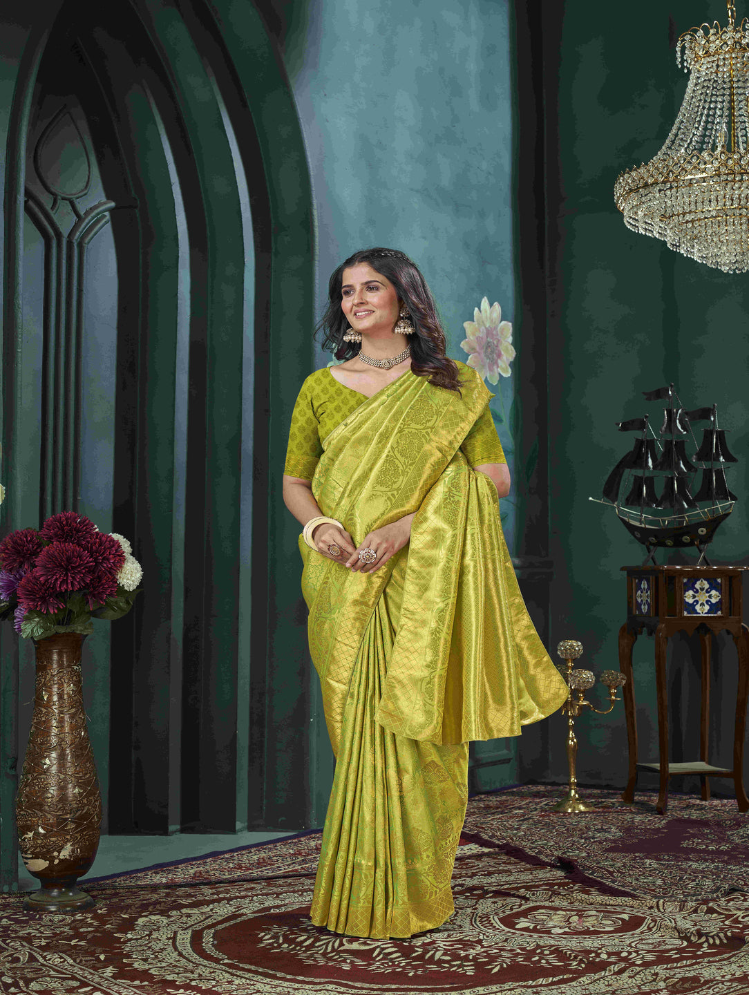 Karagiri Yellow And Green Kanjivaram Saree With Blouse Piece