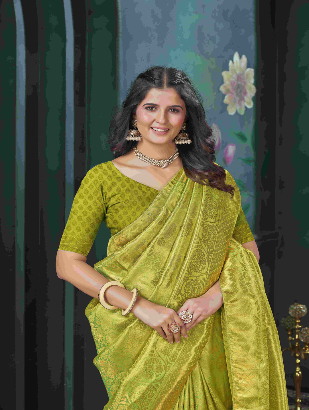 Karagiri Yellow And Green Kanjivaram Saree With Blouse Piece