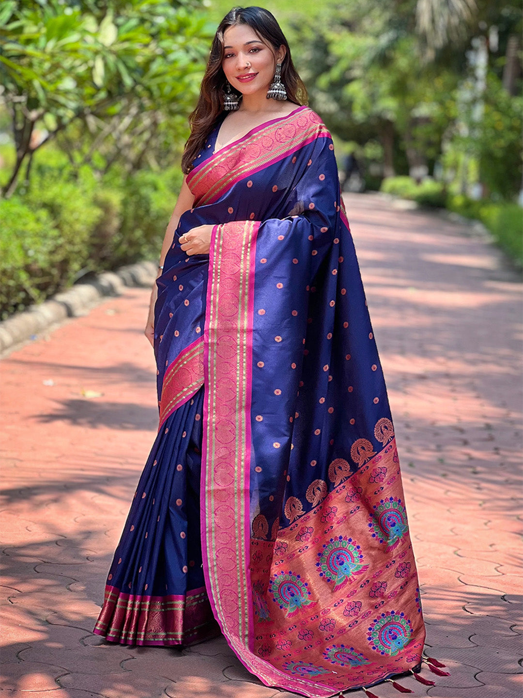 Karagiri Blue Paithani Silk Saree With Blouse Piece