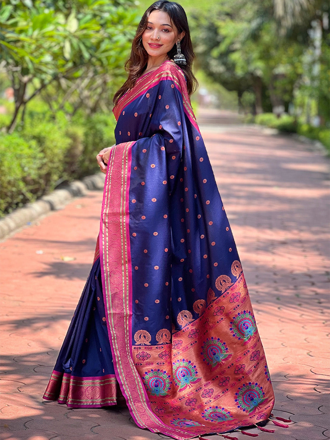 Karagiri Blue Paithani Silk Saree With Blouse Piece