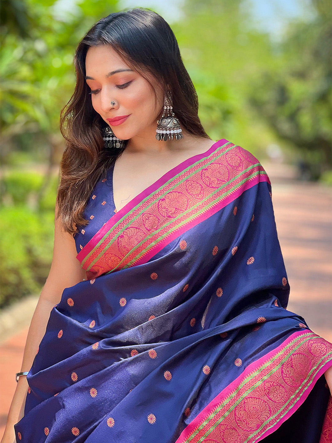 Karagiri Blue Paithani Silk Saree With Blouse Piece