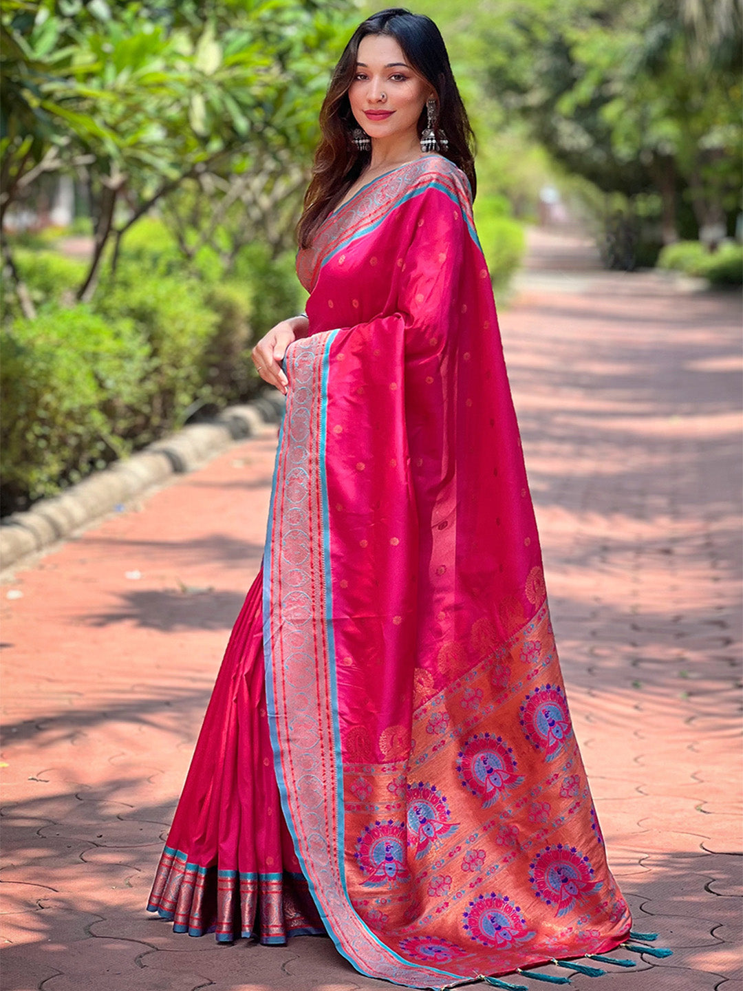 Karagiri Pink Paithani Silk Saree With Blouse Piece