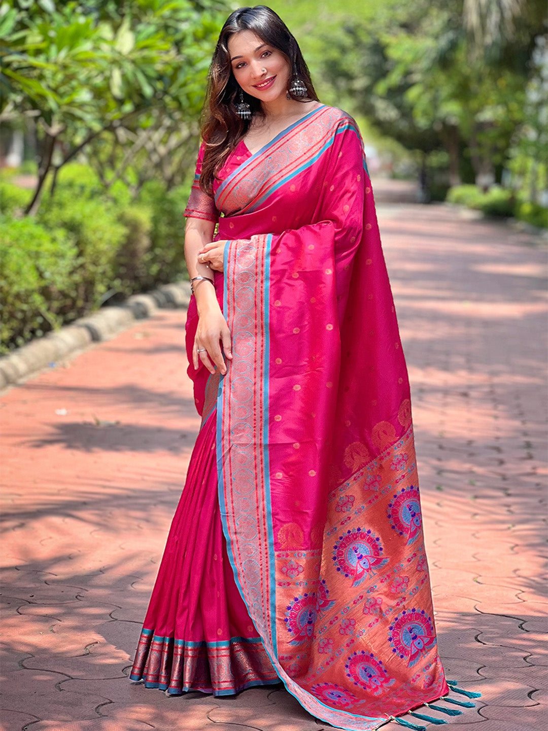 Karagiri Pink Paithani Silk Saree With Blouse Piece