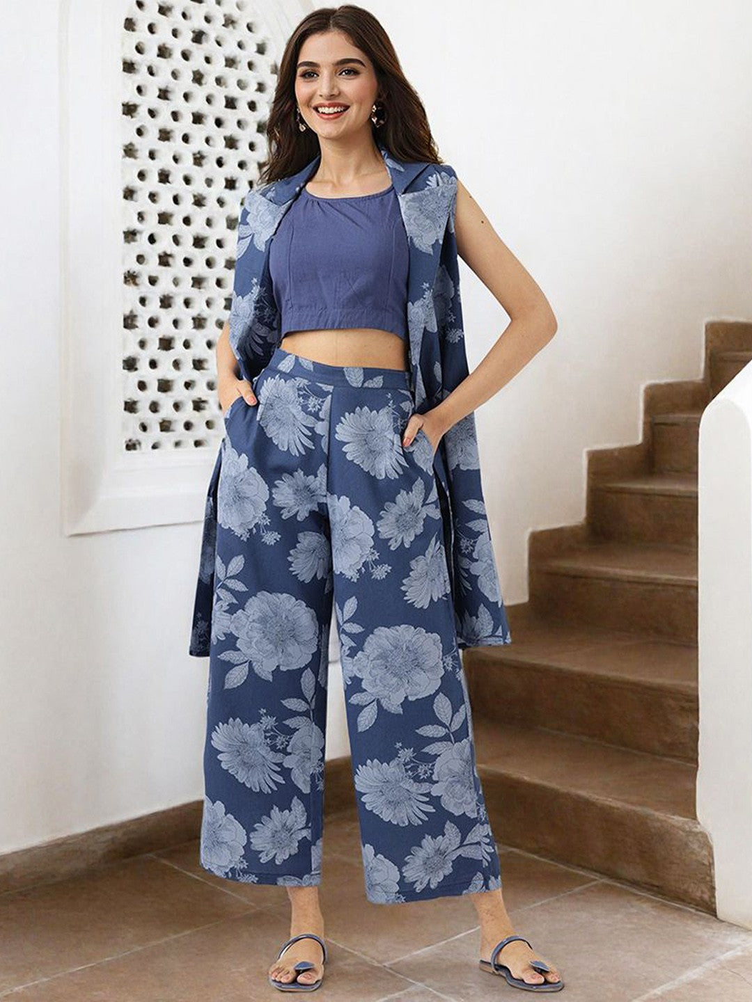 Comfy Pure Cotton Blue  Floral Printed Co-ords Set