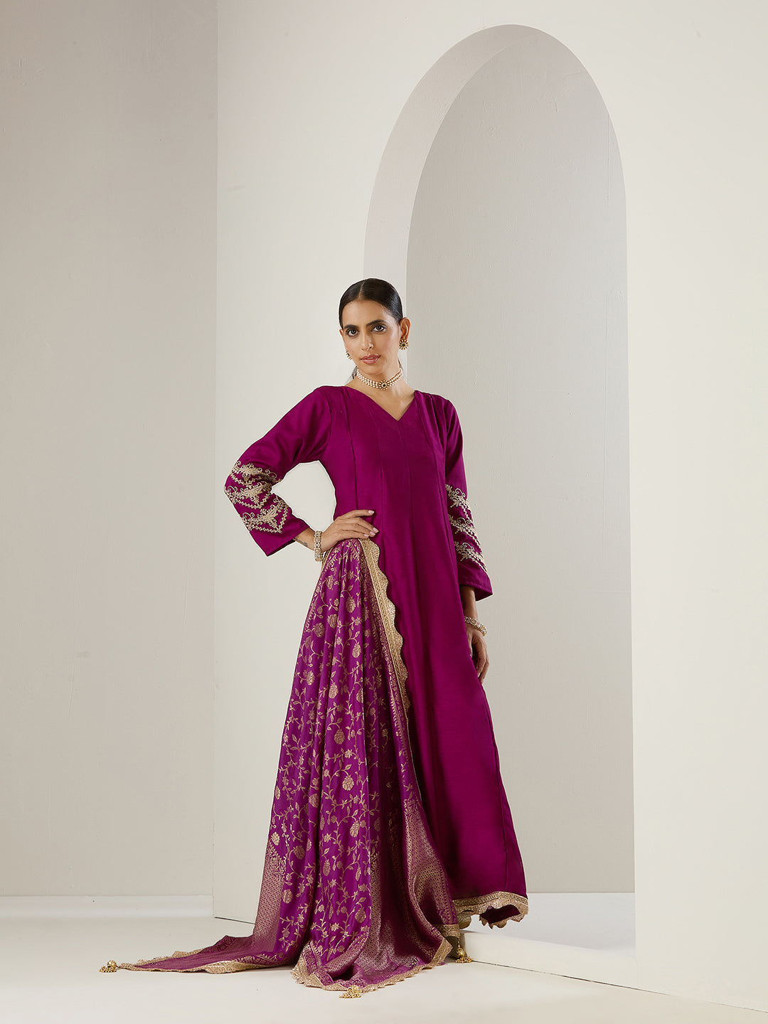 Rich Blende Purple  Zari Embroidered Anarkali Dress with Brocade Dupatta and Latkhans